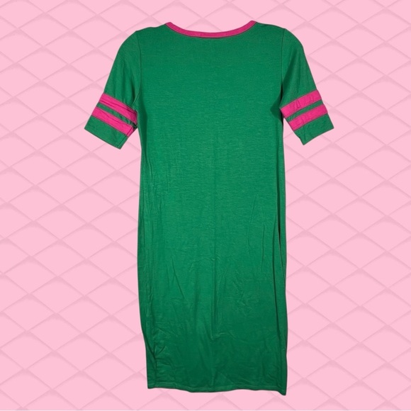 LuLaRoe Green Pink Julia Dress Size XS Varsity Stretch Sheath T Shirt Shift EUC - Picture 8 of 8